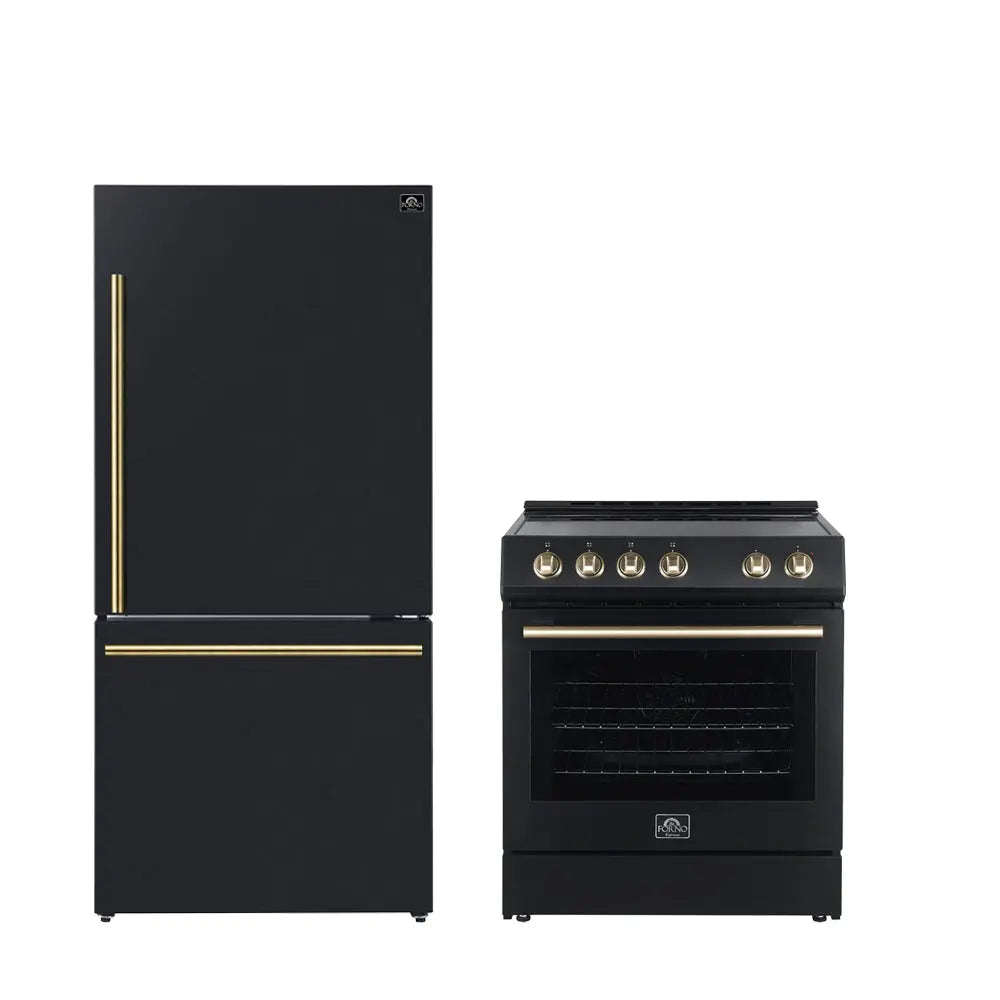 FORNO Premium 2-Piece Kitchen Bundle - Leonardo Espresso 30" Black Range, 31" Black Bottom Freezer Refrigerator - FBDL-003-02US FORNO