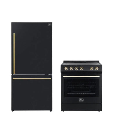 FORNO Premium 2-Piece Kitchen Bundle - Leonardo Espresso 30" Black Range, 31" Black Bottom Freezer Refrigerator - FBDL-003-02US FORNO