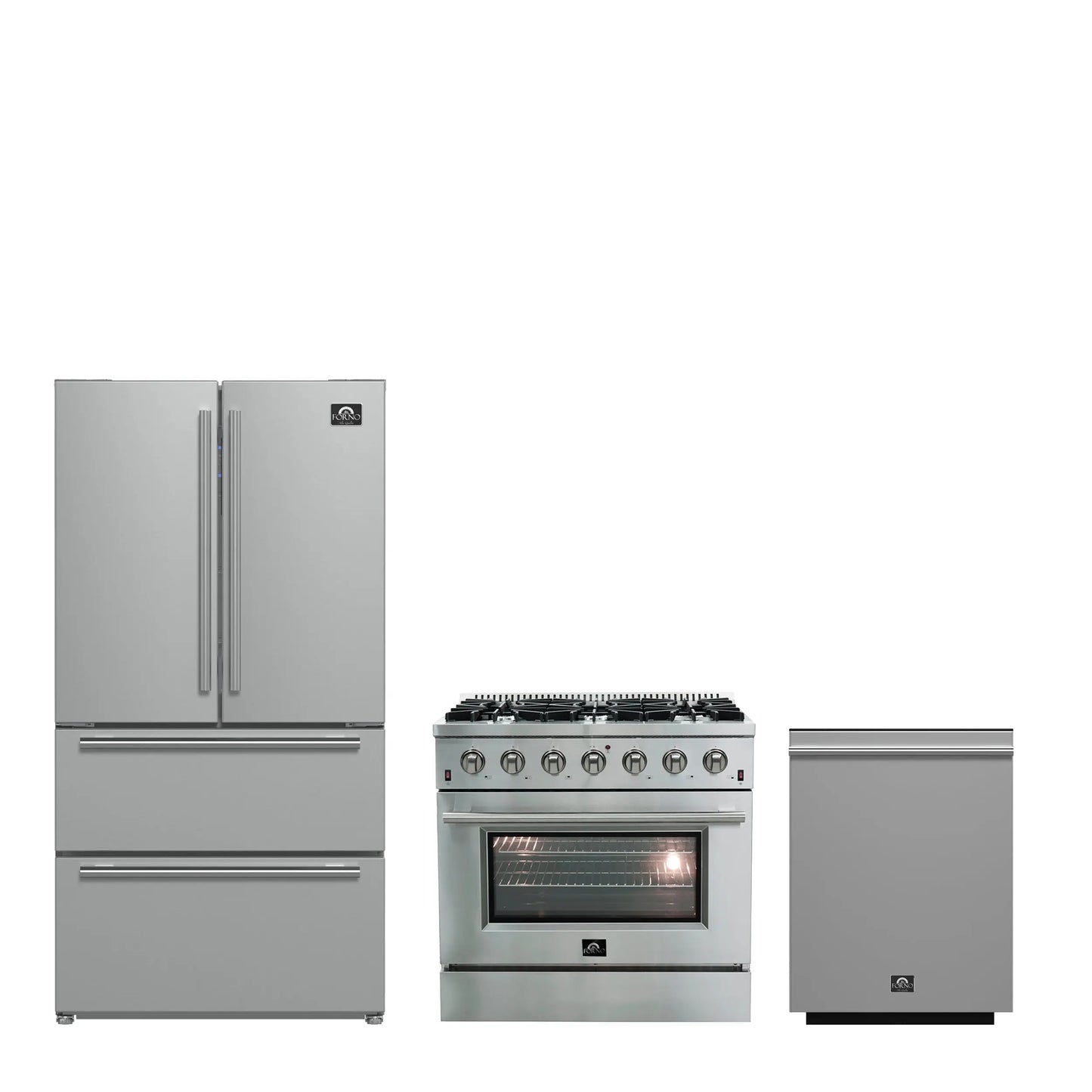 FORNO Premium 3-Piece Kitchen Bundle - Galiano 36" Gas Range, 36" Built-In Refrigerator, 24" Built-In Dishwasher - FBDL-004-01CAUS FORNO
