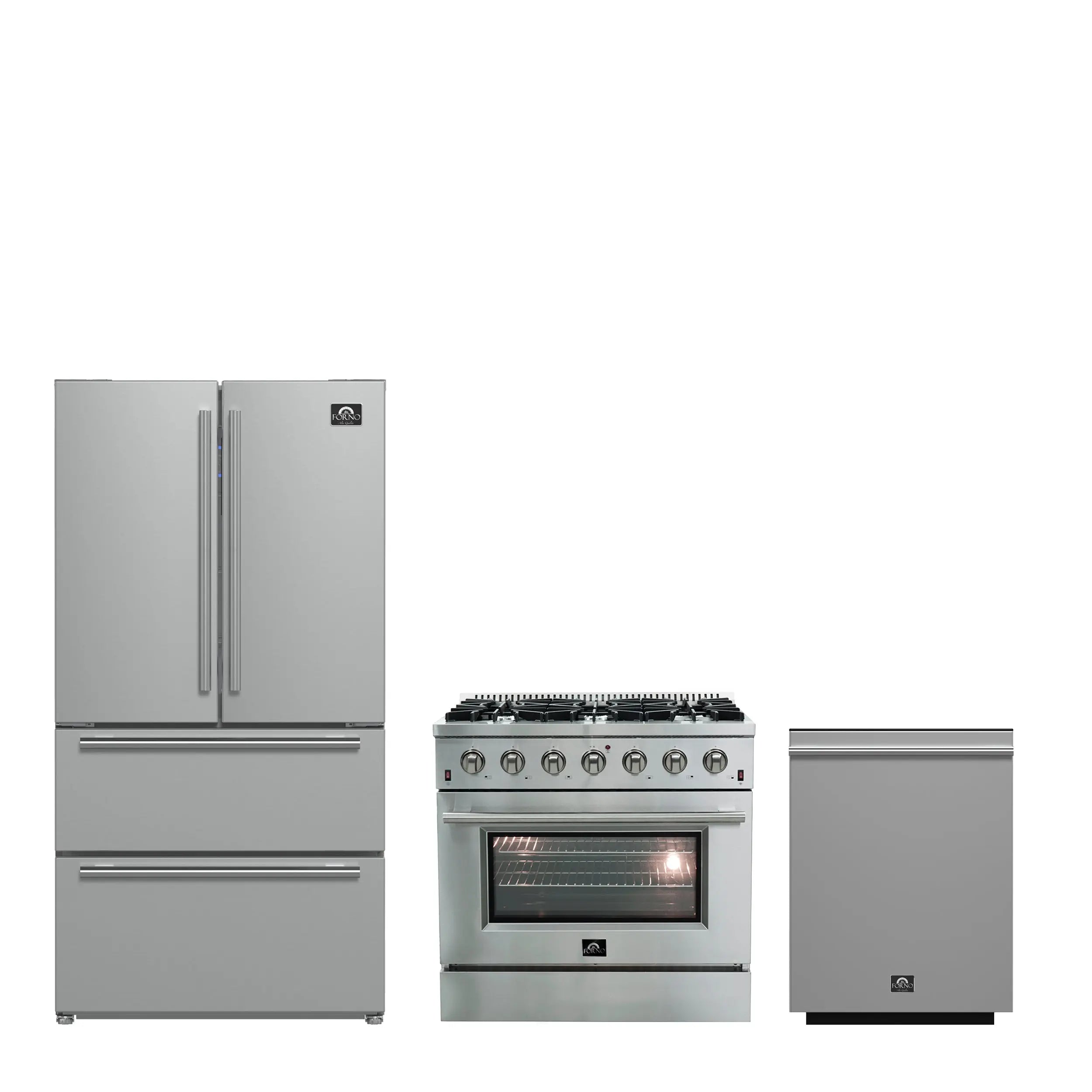 FORNO Premium 3-Piece Kitchen Bundle - Galiano 36" Gas Range, 36" Built-In Refrigerator, 24" Built-In Dishwasher - FBDL-004-01CAUS FORNO