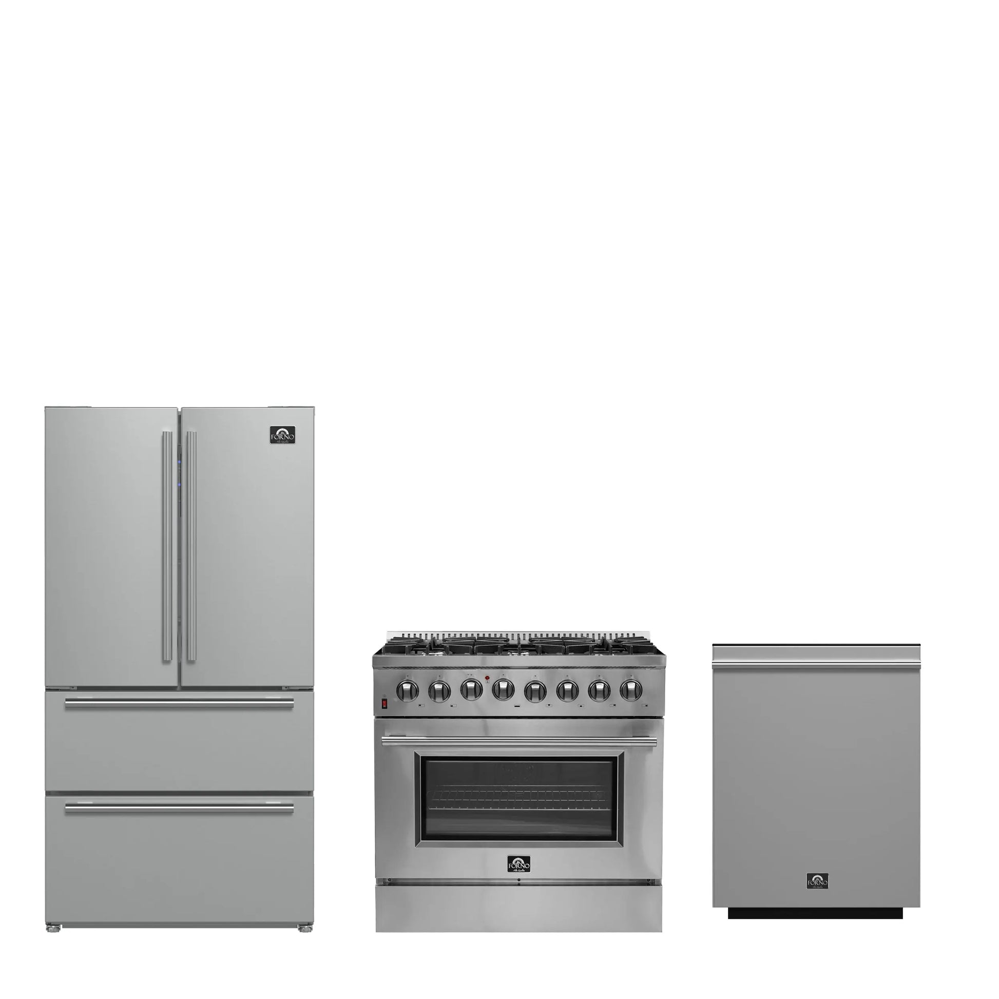 FORNO Premium 3-Piece Kitchen Bundle - Galiano 36" Dual Fuel Range, 36" French Door Refrigerator, 24" Built-In Dishwasher - FBDL-004-02CAUS FORNO