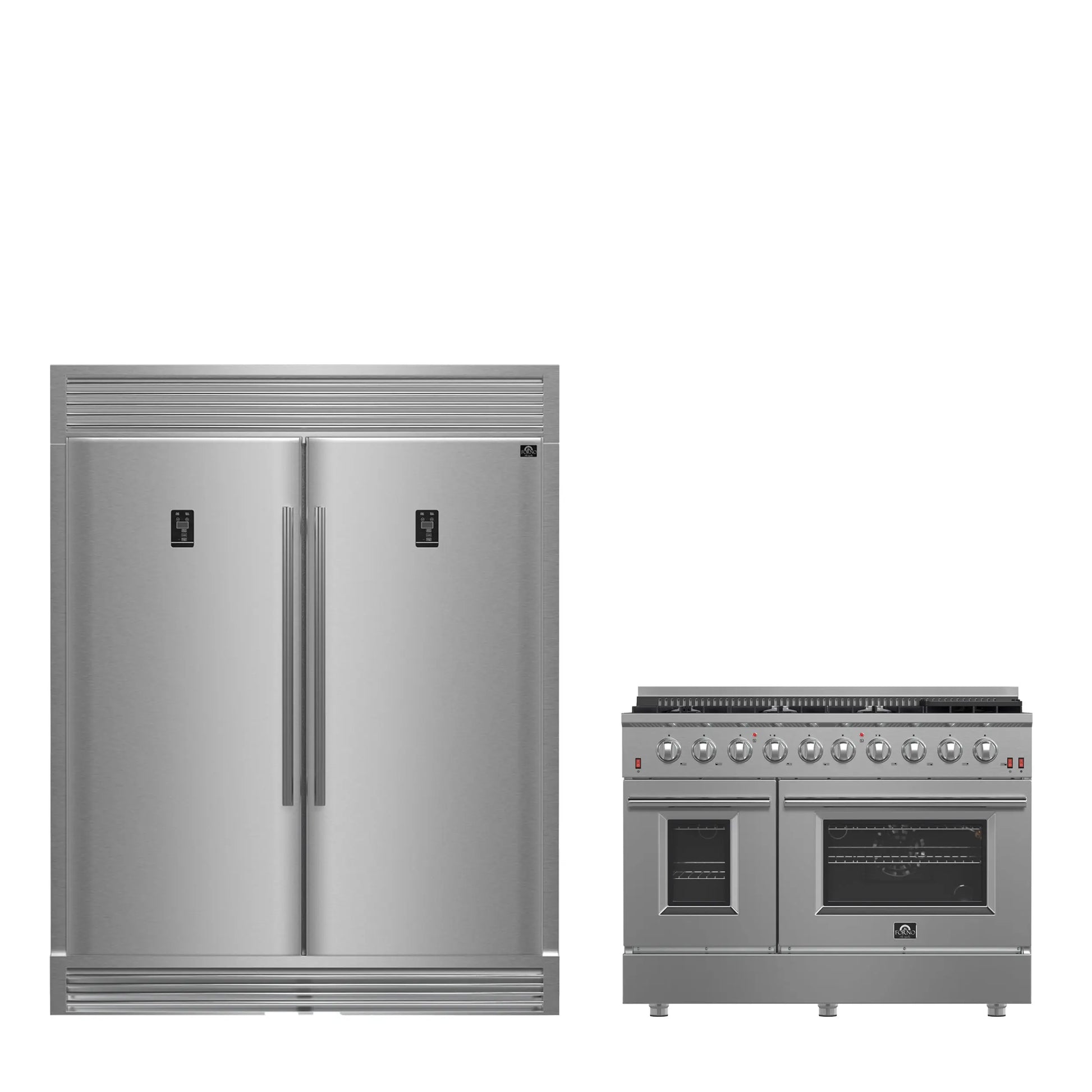 FORNO Premium 2-Piece Kitchen Bundle - Galiano 48" Stainless Steel Dual Fuel Range, 60" Stainless Steel Side-by-side Convertible Refrigerator - FBDL-005-02CAUS FORNO