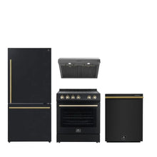 FORNO Premium 4-Piece Kitchen Bundle - Leonardo Espresso 30" Black Electric Range, 30" Black Range Hood, 31" Black Bottom Freezer Refrigerator, 24" Black Built-In Dishwasher - FBDL-006-02US FORNO