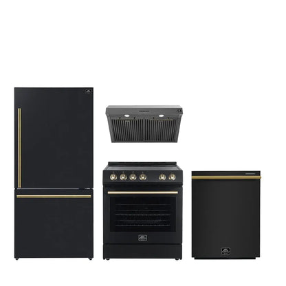 FORNO Premium 4-Piece Kitchen Bundle - Leonardo Espresso 30" Black Electric Range, 30" Black Range Hood, 31" Black Bottom Freezer Refrigerator, 24" Black Built-In Dishwasher - FBDL-006-02US FORNO