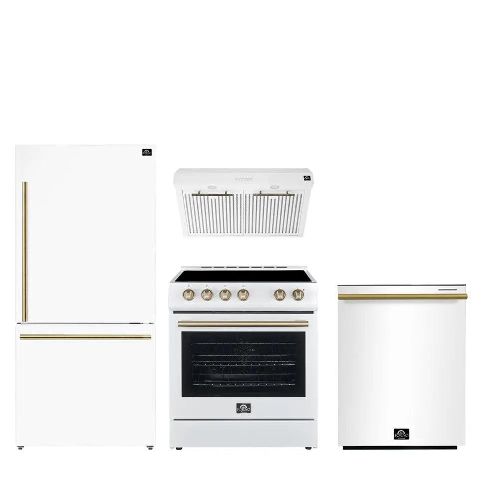 FORNO Premium 4-Piece Kitchen Bundle - Leonardo Espresso 30" White Range, 30" White Range Hood, 31" White Bottom Freezer Refrigerator, 24" White Built-In Dishwasher - FBDL-006-03US FORNO