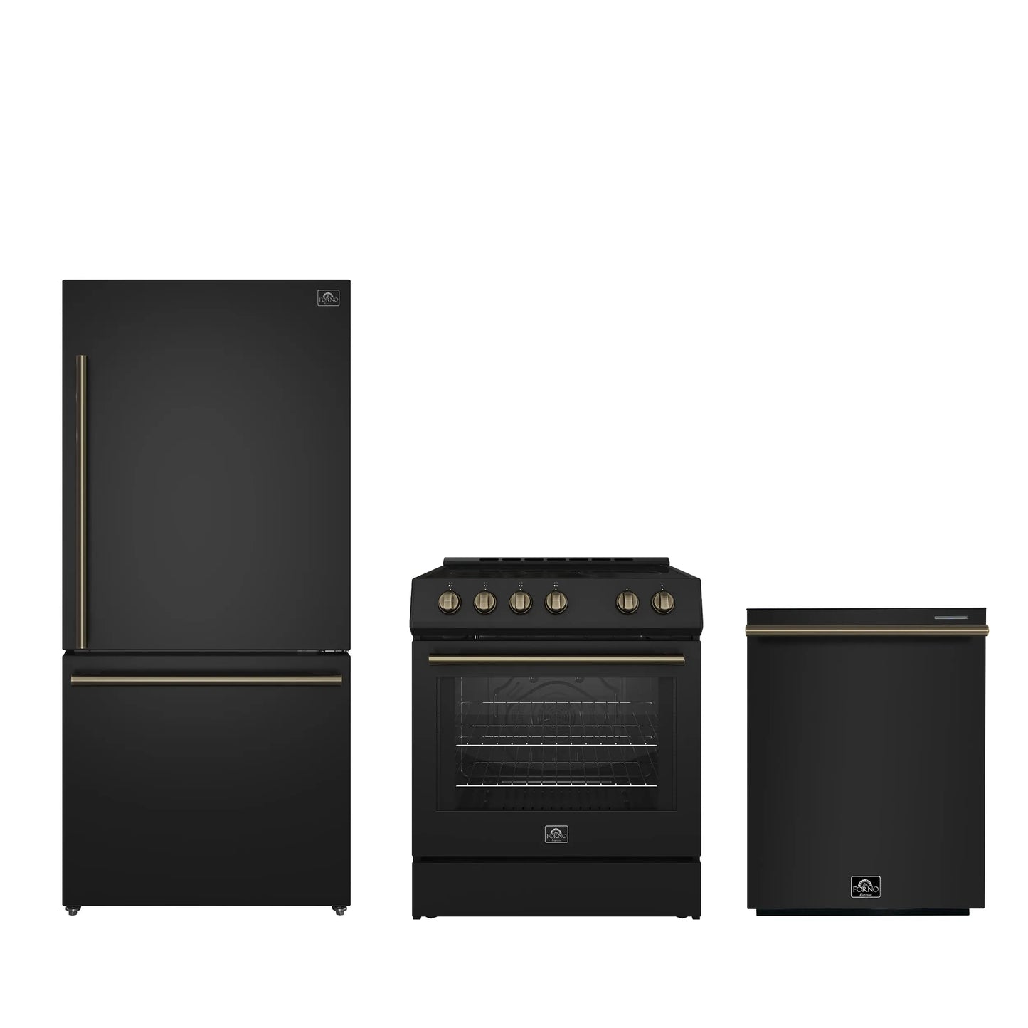 FORNO Premium 3-Piece Kitchen Bundle - Leonardo Espresso 30" Black Range, 31" Black Bottom Freezer Refrigerator, 24" Black Built-In Dishwasher - FBDL-007-02US Forno vendors US