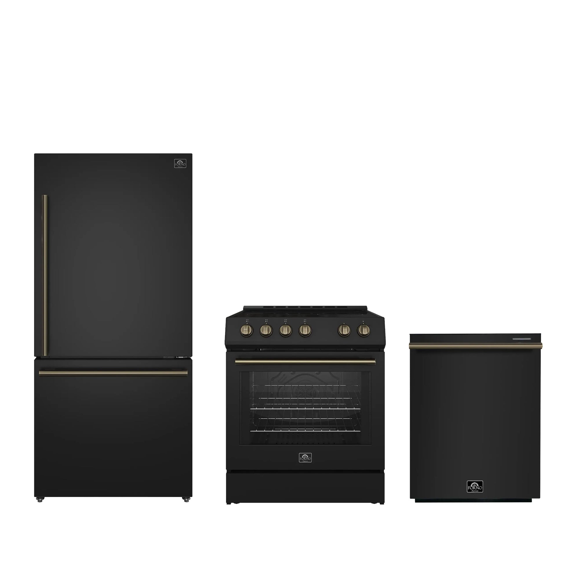 FORNO Premium 3-Piece Kitchen Bundle - Leonardo Espresso 30" Black Range, 31" Black Bottom Freezer Refrigerator, 24" Black Built-In Dishwasher - FBDL-007-02US Forno vendors US