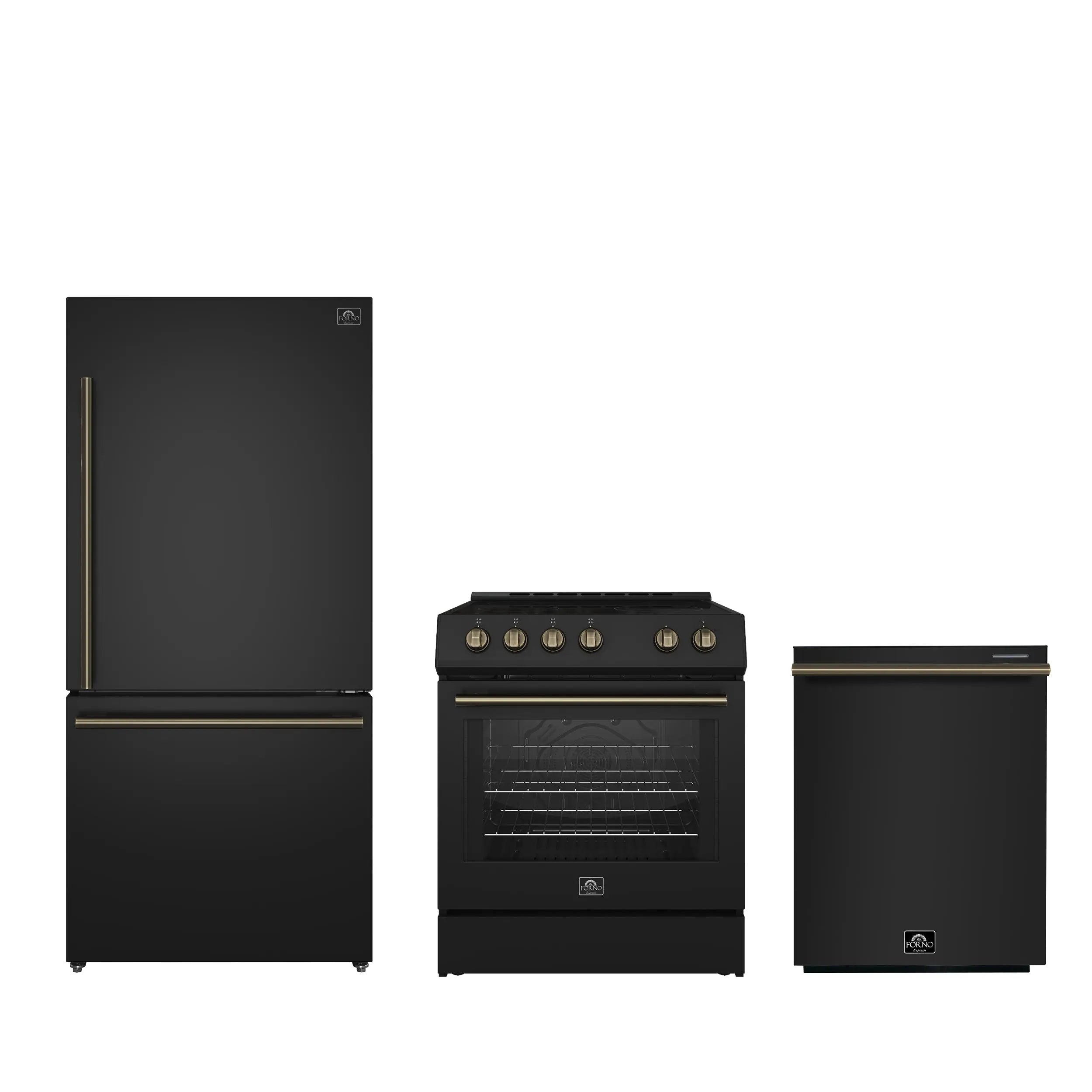 FORNO Premium 3-Piece Kitchen Bundle - Leonardo Espresso 30" Black Range, 31" Black Bottom Freezer Refrigerator, 24" Black Built-In Dishwasher - FBDL-007-02US Forno vendors US