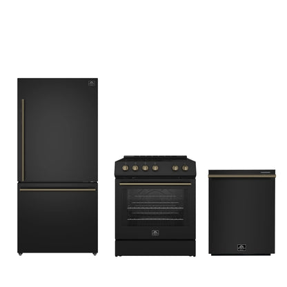 FORNO Premium 3-Piece Kitchen Bundle - Leonardo Espresso 30" Black Range, 31" Black Bottom Freezer Refrigerator, 24" Black Built-In Dishwasher - FBDL-007-02US Forno vendors US