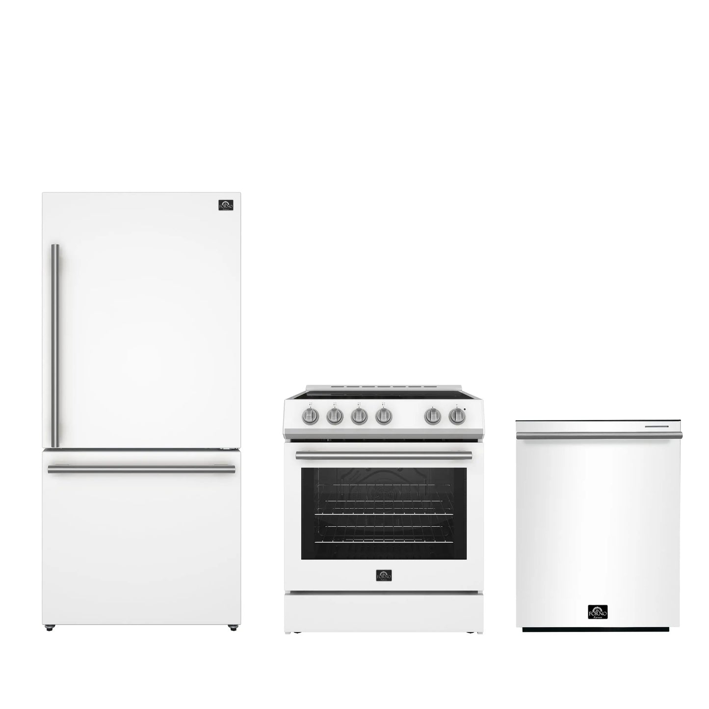 FORNO Premium 3-Piece Kitchen Bundle - Leonardo Espresso 30" White Range, 31" White Bottom Freezer Refrigerator, 24" White Built-In Dishwasher - FBDL-007-03US FORNO