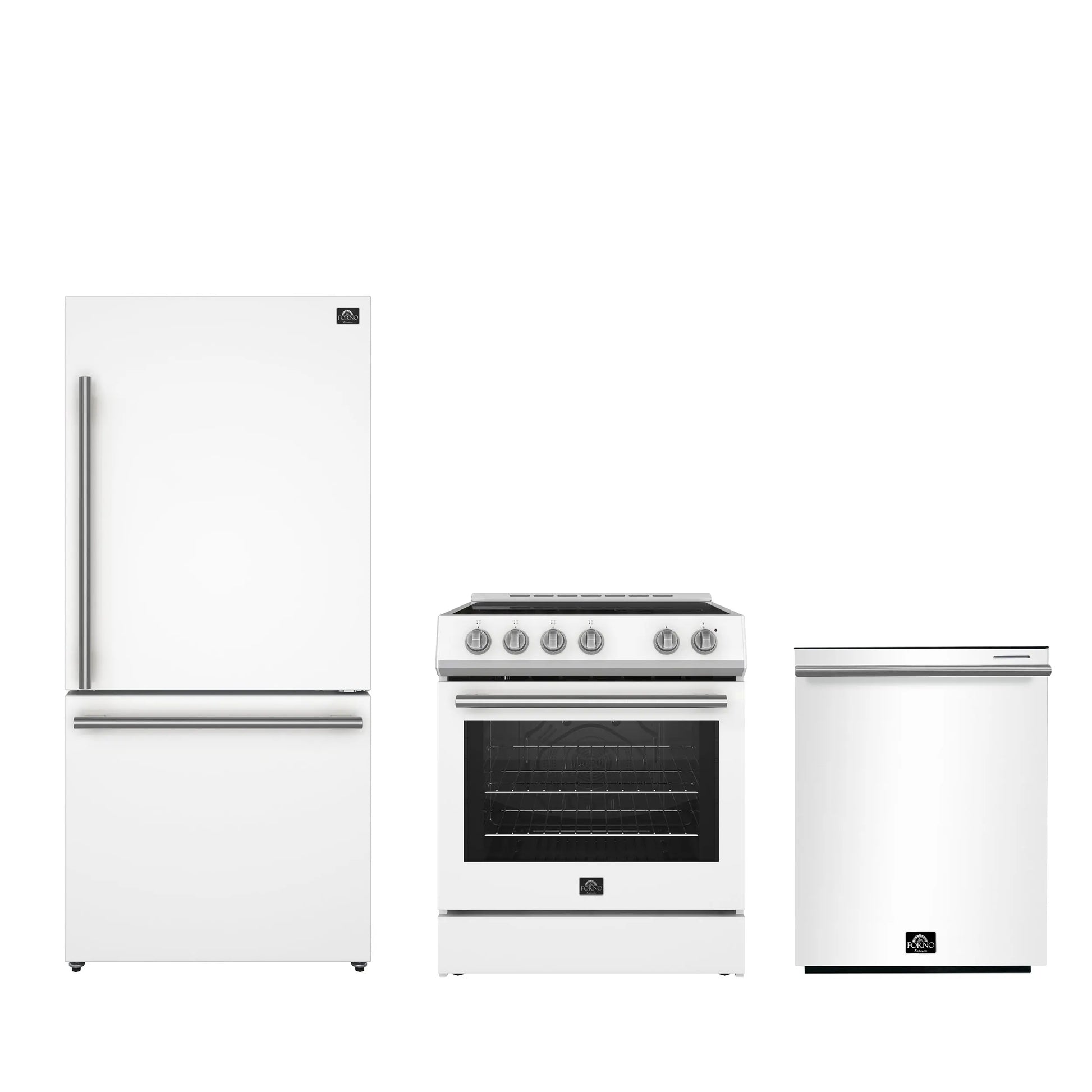 FORNO Premium 3-Piece Kitchen Bundle - Leonardo Espresso 30" White Range, 31" White Bottom Freezer Refrigerator, 24" White Built-In Dishwasher - FBDL-007-03US FORNO