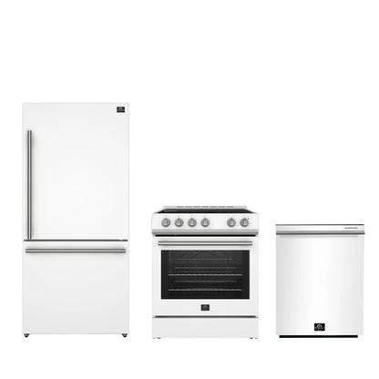 FORNO Premium 3-Piece Kitchen Bundle - Leonardo Espresso 30" White Range, 31" White Bottom Freezer Refrigerator, 24" White Built-In Dishwasher - FBDL-007-03US FORNO