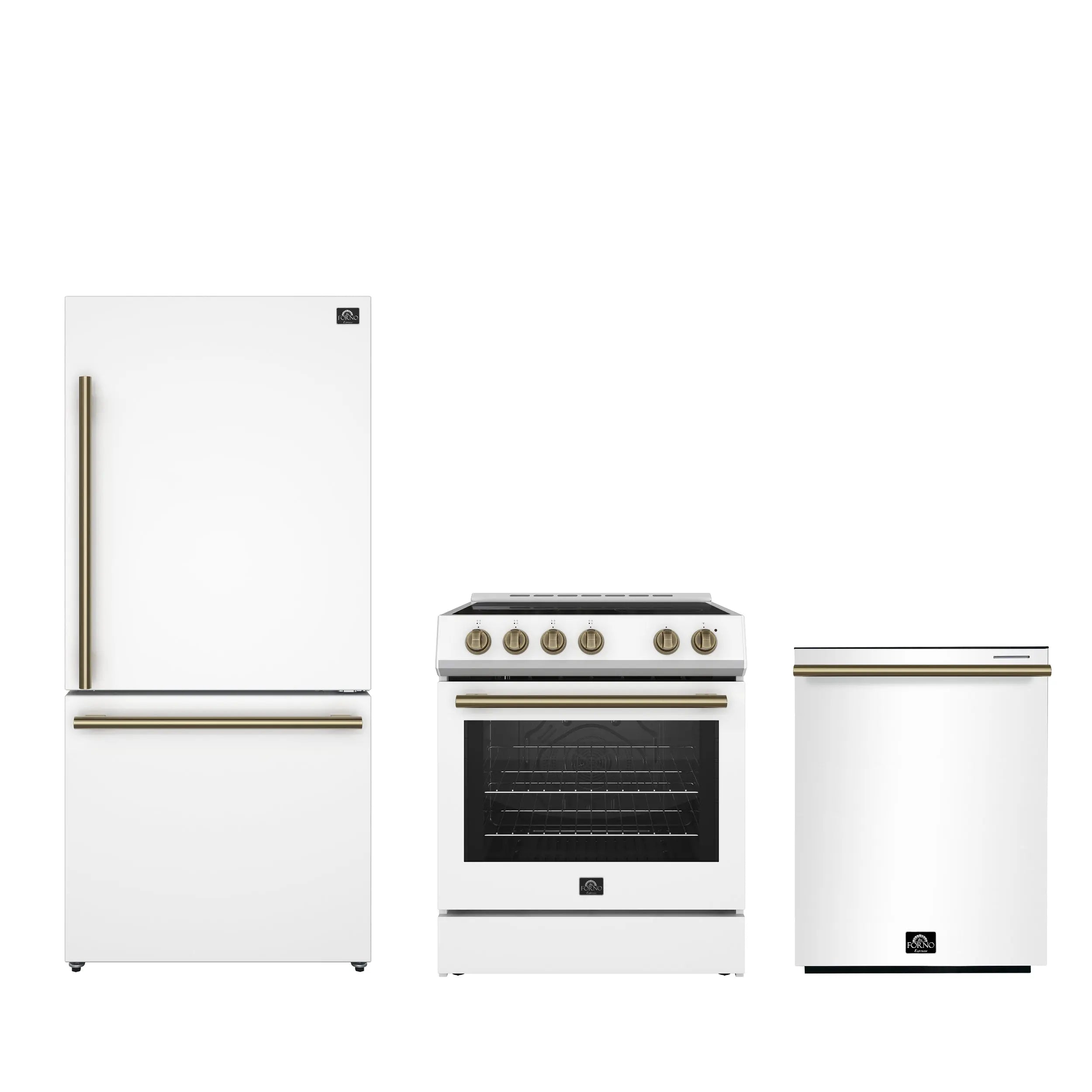 FORNO Premium 3-Piece Kitchen Bundle - Leonardo Espresso 30" White Range, 31" White Bottom Freezer Refrigerator, 24" White Built-In Dishwasher - FBDL-007-03US FORNO
