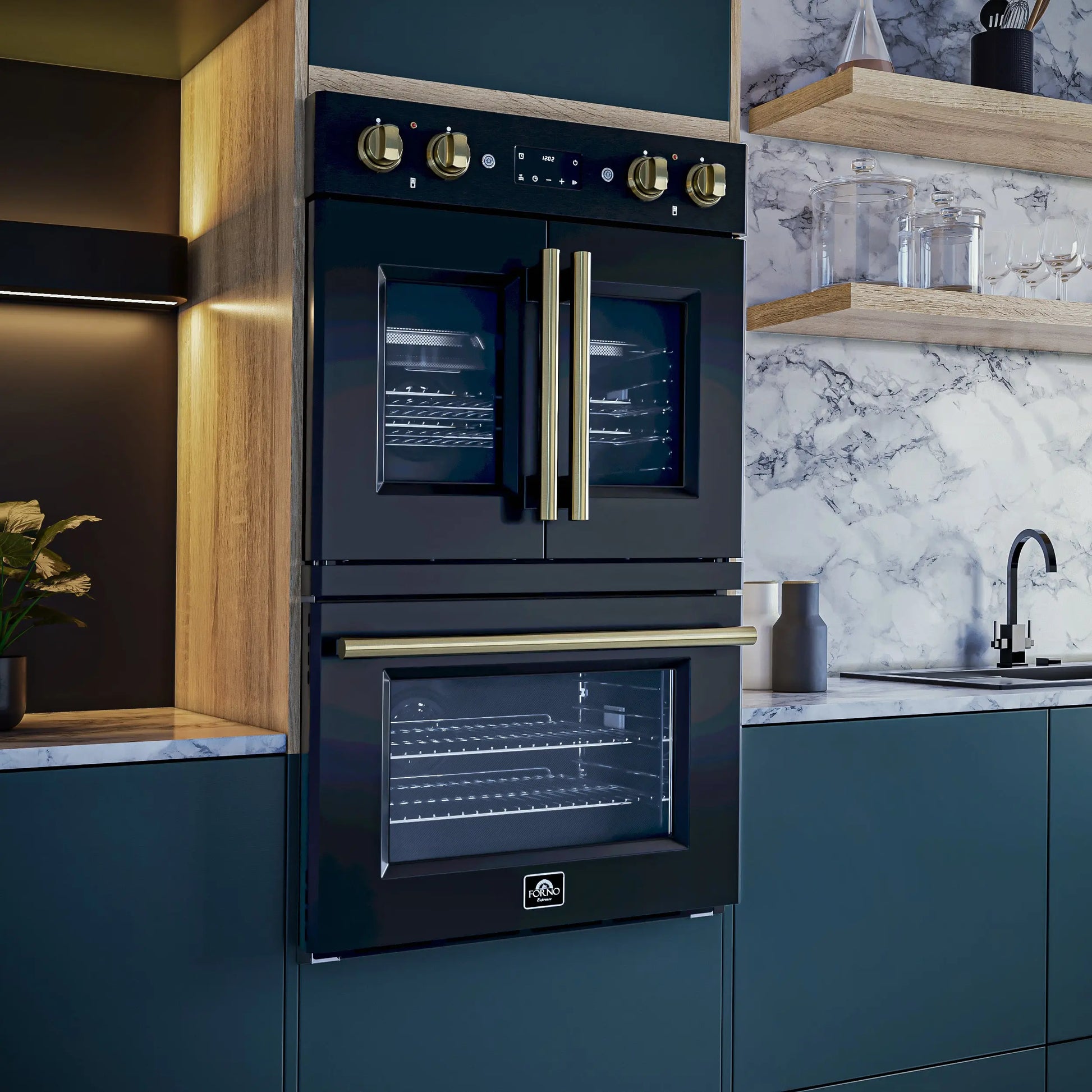Forno Asti 30-Inch Double Electric Wall Oven with Upper French Doors in Black & Antique Brass, 7.36 cu. ft. FORNO