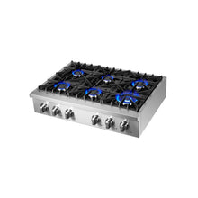 Forno Cossato Alta Qualita 36-Inch Pro-Style Gas Rangetop, Stainless Steel, 6 Sealed Burners, 83,000 BTU Total Output, Continuous Cast Iron Grates FORNO