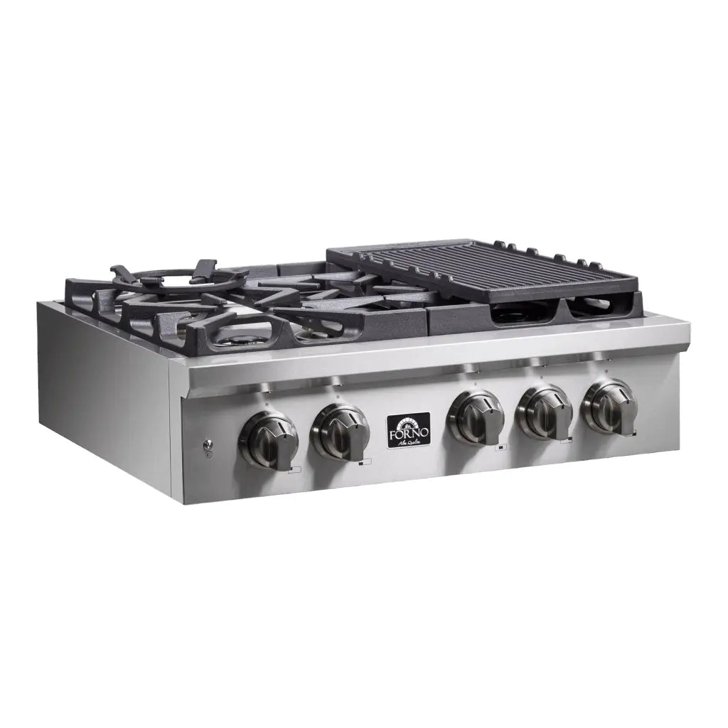 Forno Spezia Alta Qualita 30-Inch Pro-Style Gas Rangetop, Stainless Steel, 5 Sealed Burners, Continuous Cast Iron Grates, High Heat Output FORNO