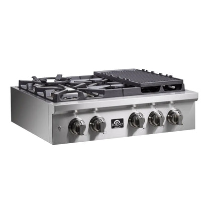 Forno Spezia Alta Qualita 30-Inch Pro-Style Gas Rangetop, Stainless Steel, 5 Sealed Burners, Continuous Cast Iron Grates, High Heat Output FORNO