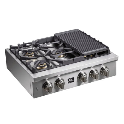 Forno Spezia Alta Qualita 30-Inch Pro-Style Gas Rangetop, Stainless Steel, 5 Sealed Burners, Continuous Cast Iron Grates, High Heat Output FORNO