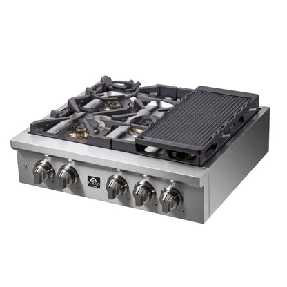 Forno Spezia Alta Qualita 30-Inch Pro-Style Gas Rangetop, Stainless Steel, 5 Sealed Burners, Continuous Cast Iron Grates, High Heat Output FORNO