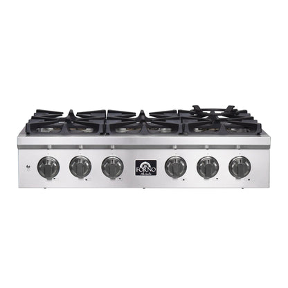 Forno Spezia Alta Qualita 36-Inch Pro-Style Gas Rangetop, Stainless Steel, 6 Sealed Burners, Continuous Cast Iron Grates, High Heat Output FORNO