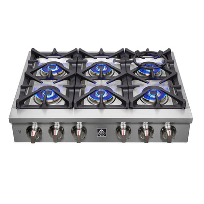 Forno Spezia Alta Qualita 36-Inch Pro-Style Gas Rangetop, Stainless Steel, 6 Sealed Burners, Continuous Cast Iron Grates, High Heat Output FORNO