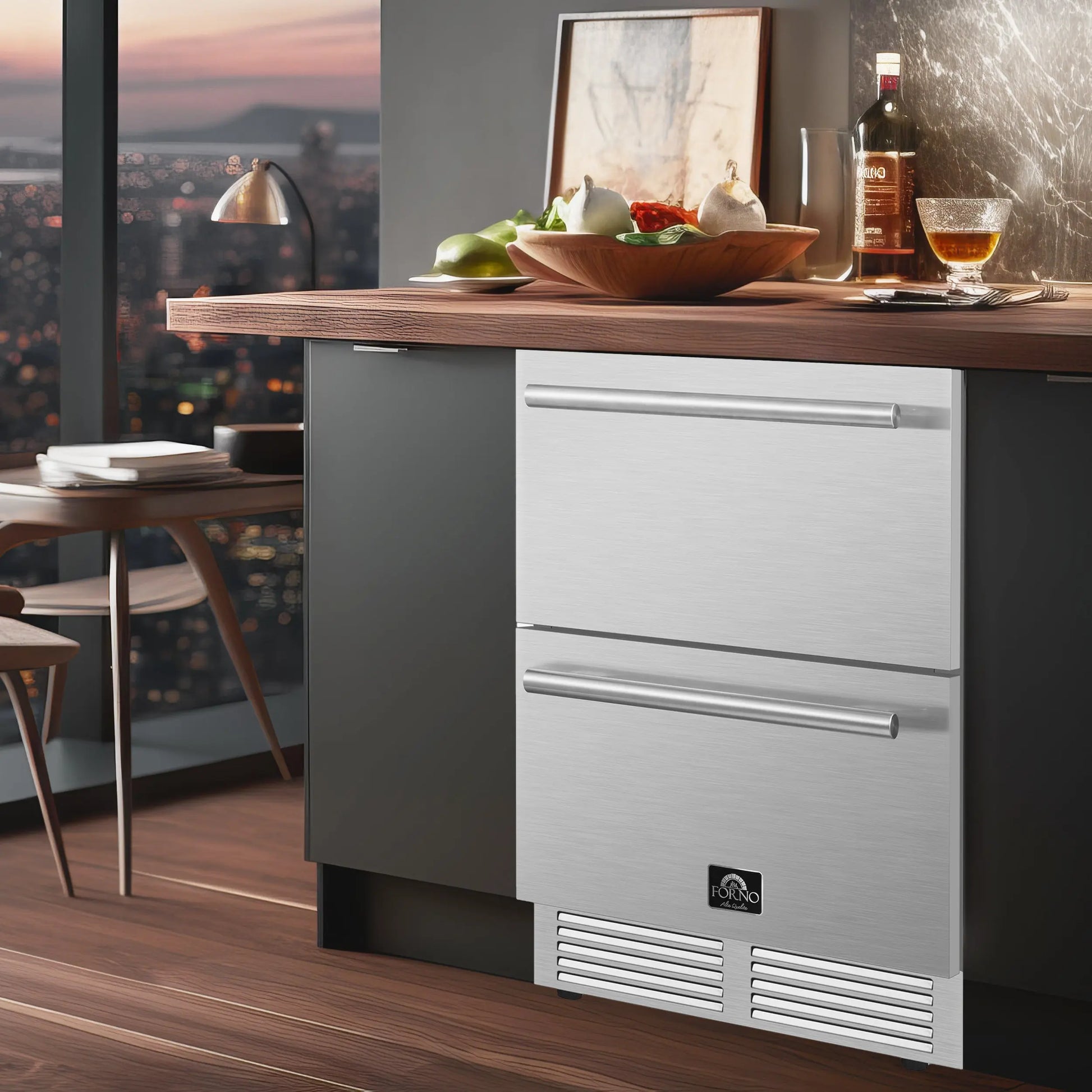 Forno Como 24-Inch Indoor Outdoor Drawer Refrigerator, 4.87 cu.ft, Stainless Steel Interior, Adjustable Shelves, LED Lighting FORNO