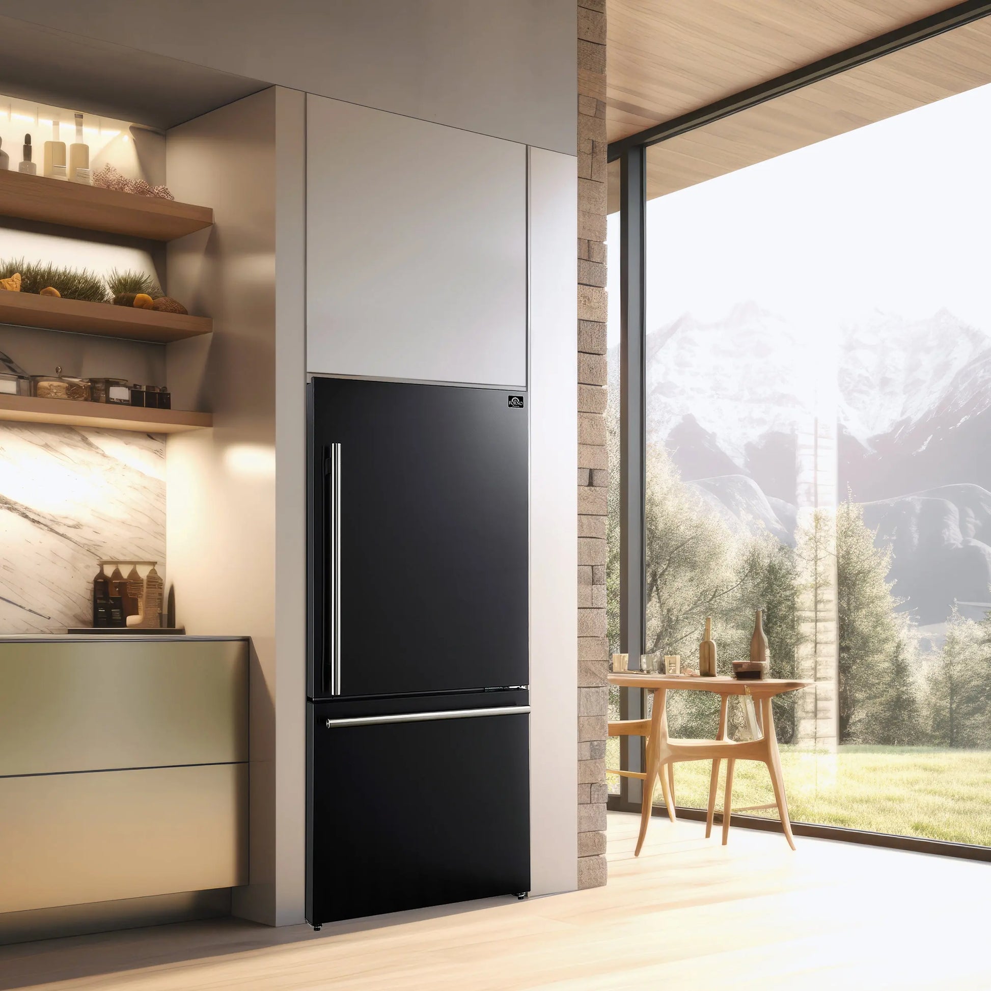 FORNO Premium 2-Piece Kitchen Bundle - Leonardo Espresso 30" Black Range, 31" Black Bottom Freezer Refrigerator - FBDL-003-02US FORNO