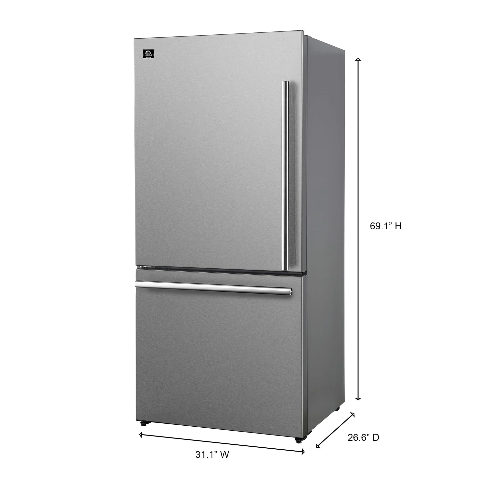 Forno Milano Espresso 31-Inch Stainless Steel Bottom Freezer Refrigerator, 17.2 cu.ft., Built-In Ice Maker, ENERGY STAR FORNO