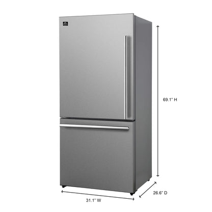 Forno Milano Espresso 31-Inch Stainless Steel Bottom Freezer Refrigerator, 17.2 cu.ft., Built-In Ice Maker, ENERGY STAR FORNO