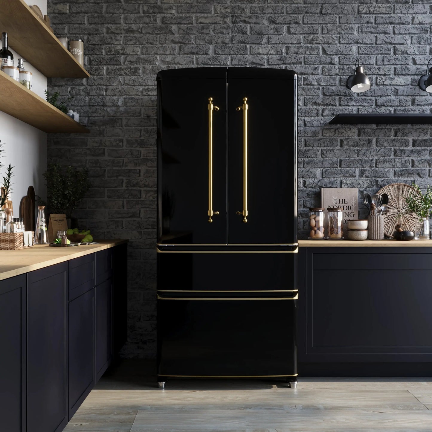Forno Luigi 33-Inch French Door Refrigerator, 18 cu.ft, Black Finish, Antique Brass Handles, ENERGY STAR Certified FORNO