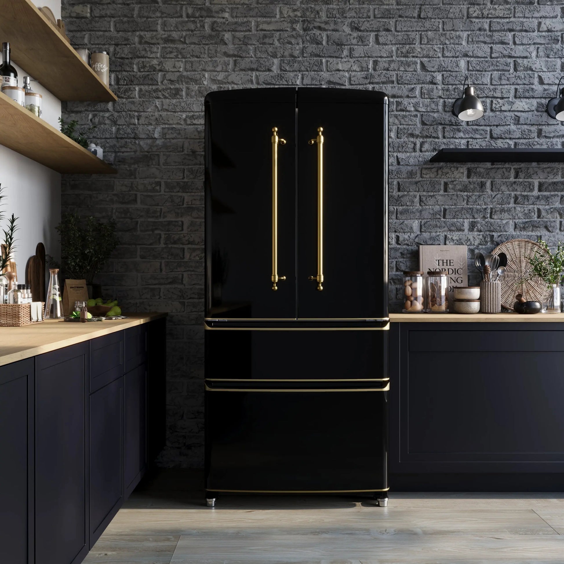Forno Luigi 33-Inch French Door Refrigerator, 18 cu.ft, Black Finish, Antique Brass Handles, ENERGY STAR Certified FORNO