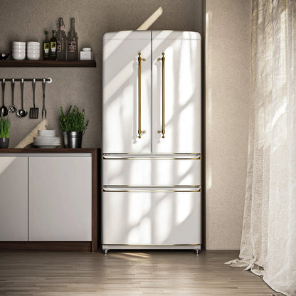 Forno Luigi 33-Inch French Door Refrigerator, 18 cu.ft, White Finish, Antique Brass Handles, ENERGY STAR Certified FORNO
