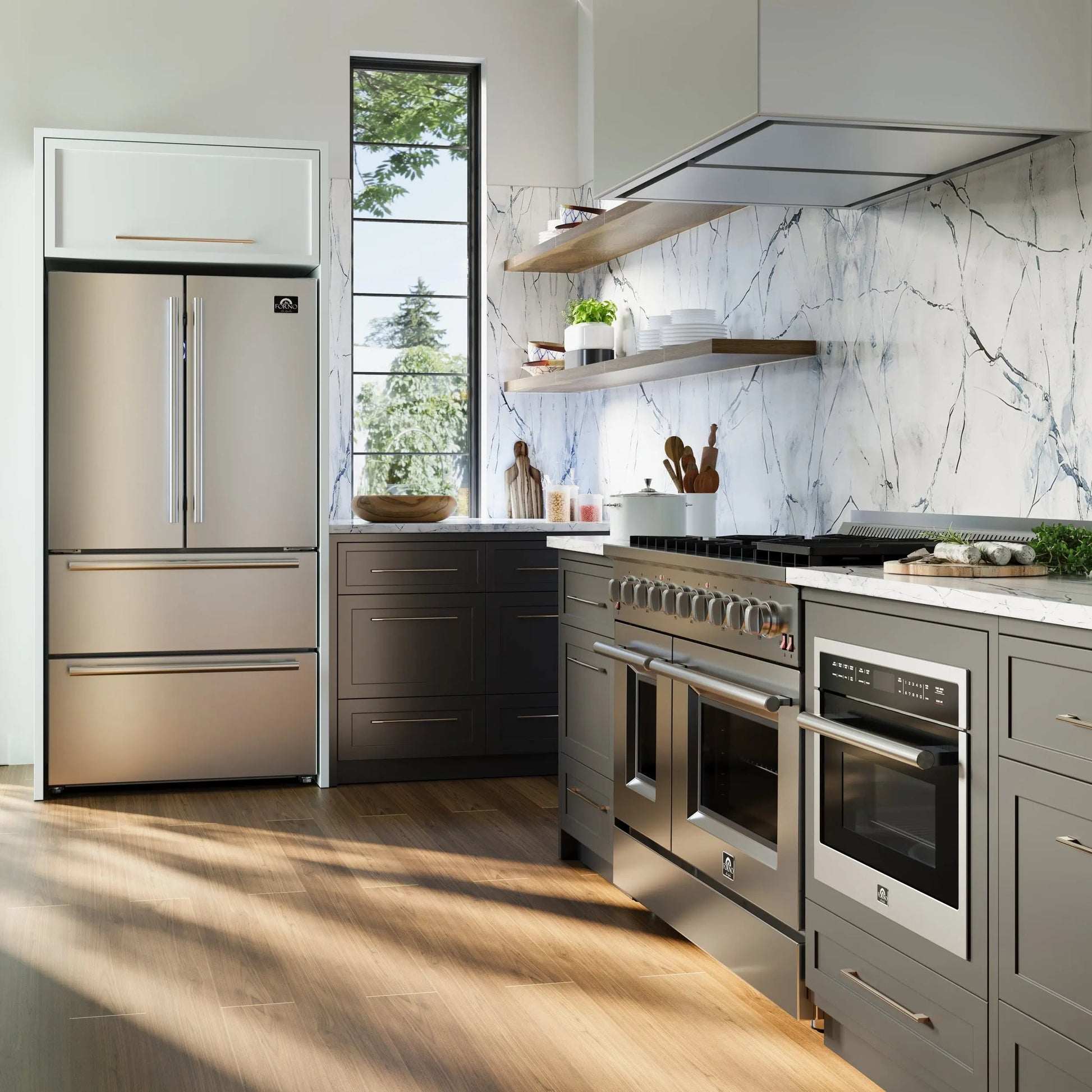 FORNO Premium 2-Piece Kitchen Bundle - Galiano 48" Stainless Steel Gas Range, Forno Maderno 2-28 " Wide Units with Decorative Trim - FBDL-018-03CAUS Forno vendors US