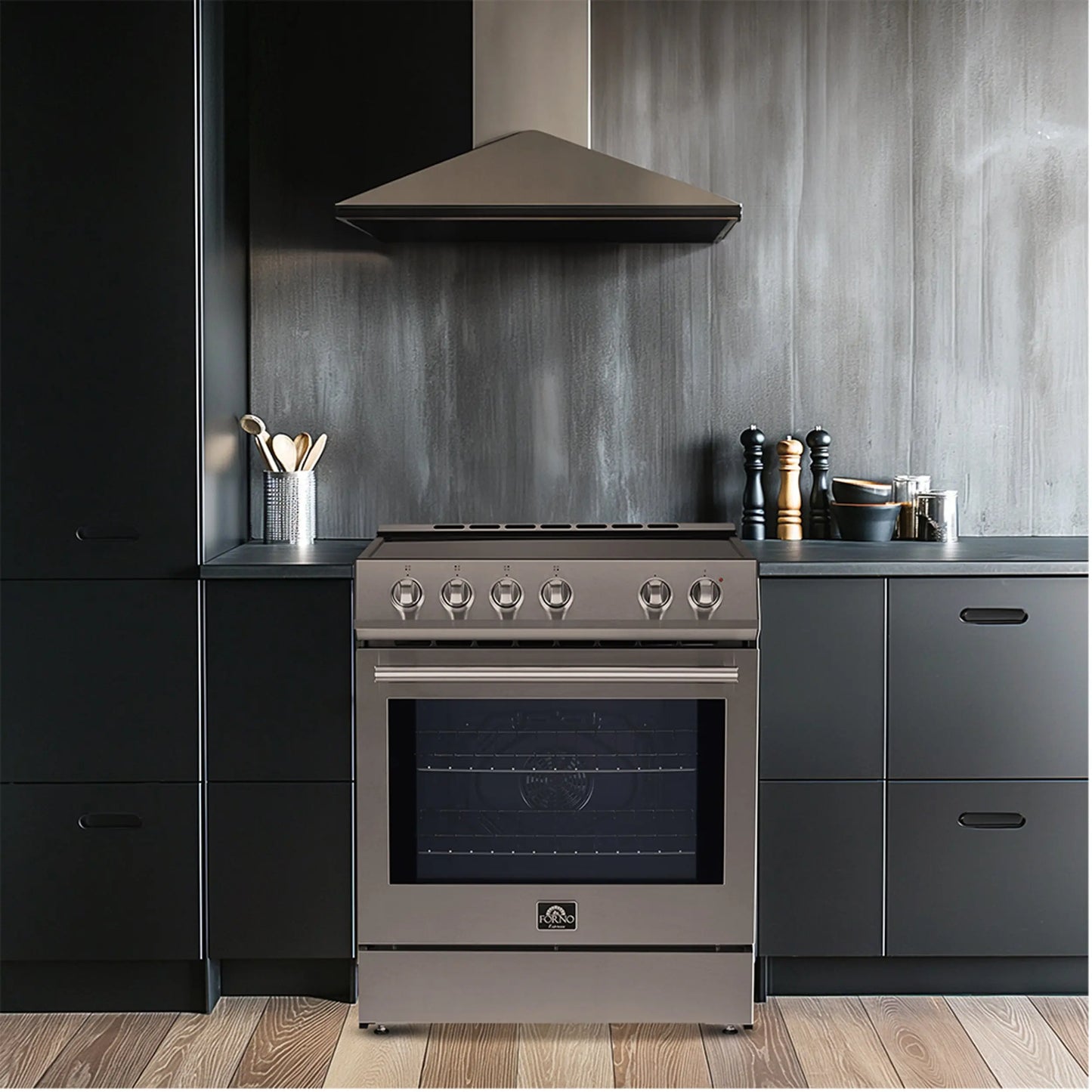 FORNO Premium 4-Piece Kitchen Bundle - 30" Electric Range, 30" Range Hood, 31" French Door Refrigerator, 24" Built-In Dishwasher, Stainless Steel - FBDL-010-01US FORNO