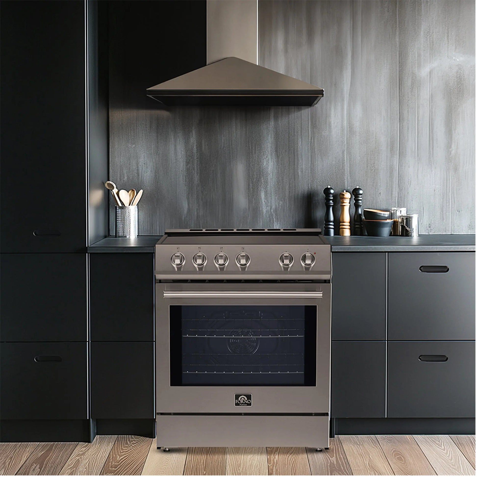 FORNO Premium 4-Piece Kitchen Bundle - 30" Electric Range, 30" Range Hood, 31" French Door Refrigerator, 24" Built-In Dishwasher, Stainless Steel - FBDL-010-01US FORNO
