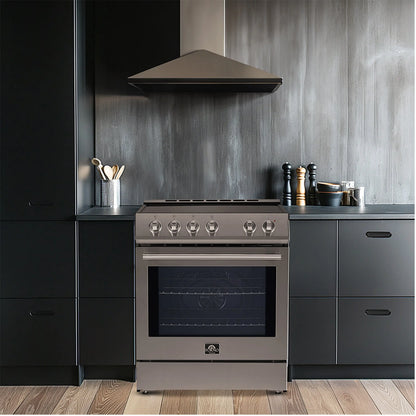 FORNO Premium 4-Piece Kitchen Bundle - 30" Electric Range, 30" Range Hood, 31" French Door Refrigerator, 24" Built-In Dishwasher, Stainless Steel - FBDL-010-01US FORNO