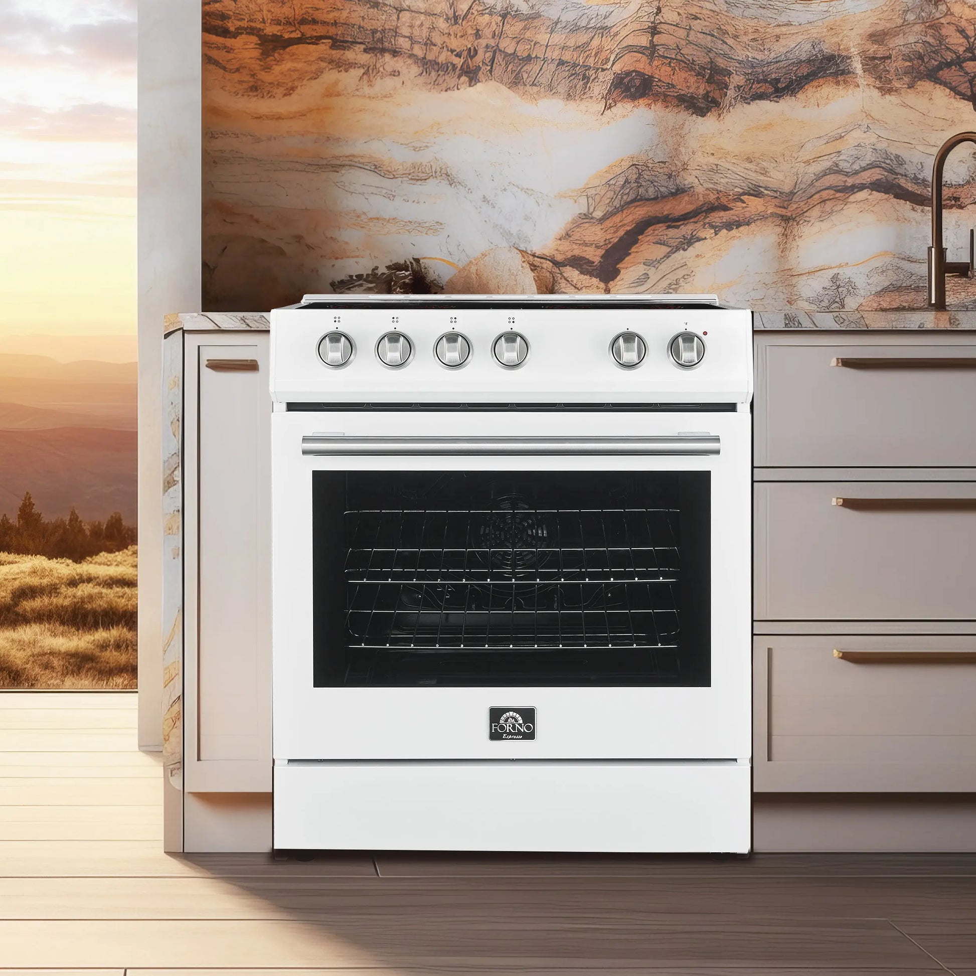 FORNO Premium 2-Piece Kitchen Bundle - Leonardo Espresso 30" White Range, 31" White Bottom Freezer Refrigerator - FBDL-003-03US FORNO