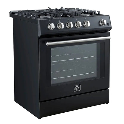 Forno Leonardo Espresso 30-Inch Black Gas Range, 5 Burners, 39,500 BTU, 5 cu.ft Convection Oven FORNO