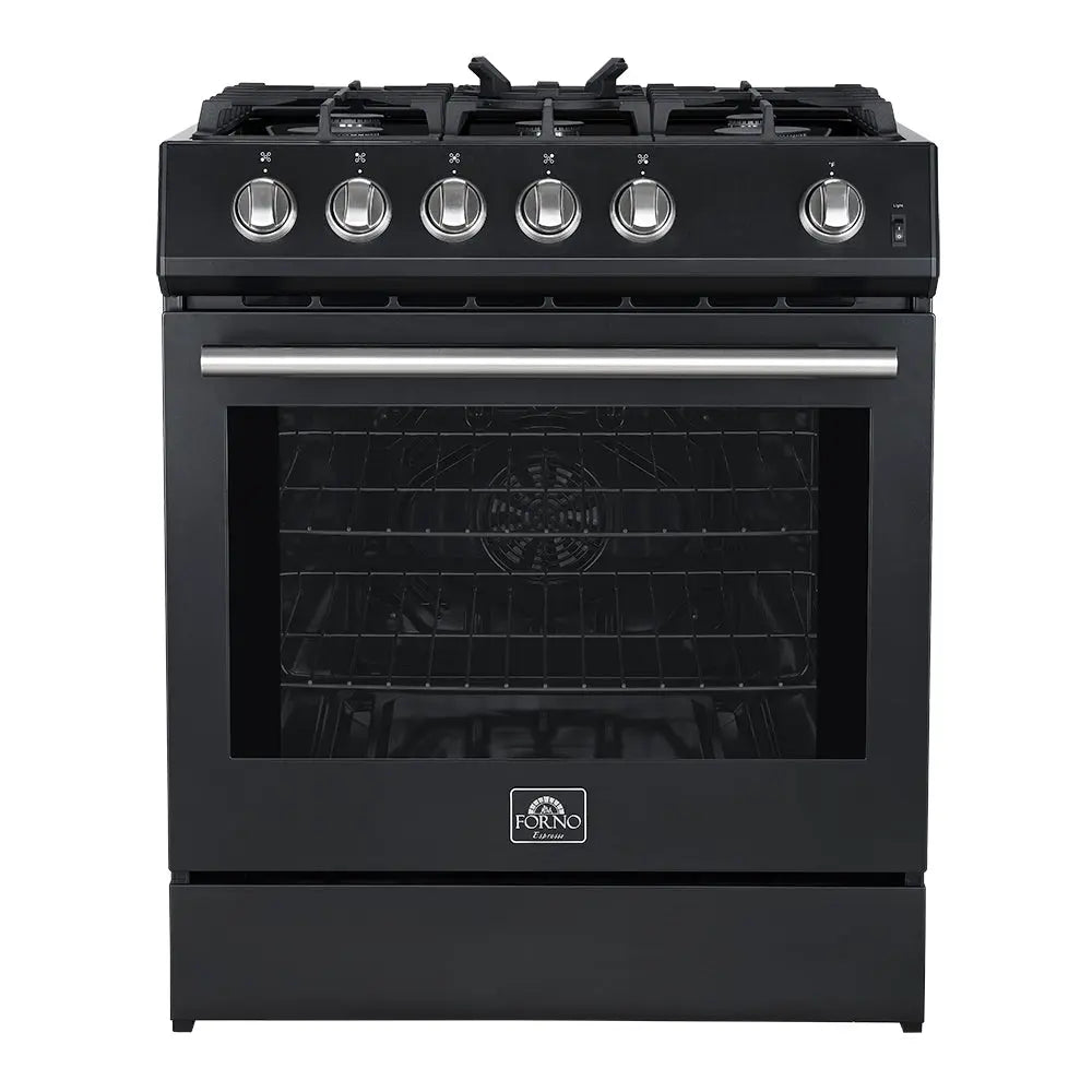 Forno Leonardo Espresso 30-Inch Black Gas Range, 5 Burners, 39,500 BTU, 5 cu.ft Convection Oven FORNO