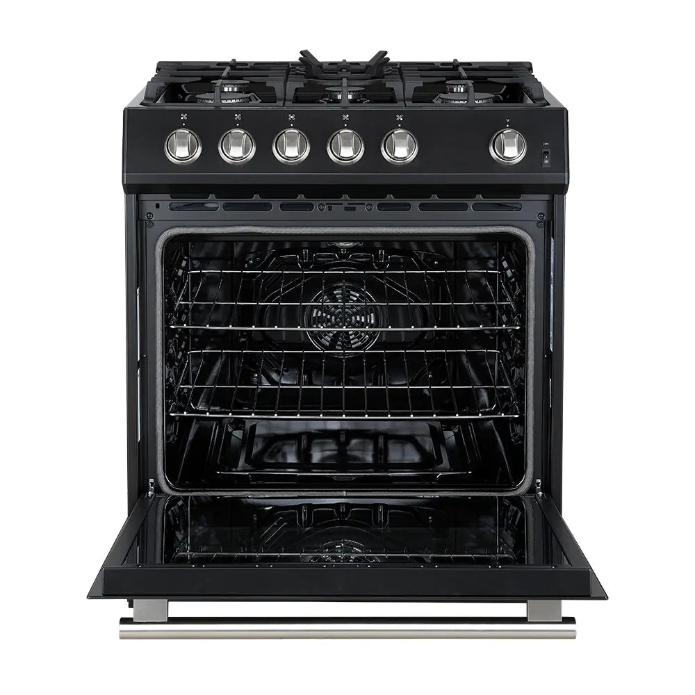 Forno Leonardo Espresso 30-Inch Black Gas Range, 5 Burners, 39,500 BTU, 5 cu.ft Convection Oven FORNO