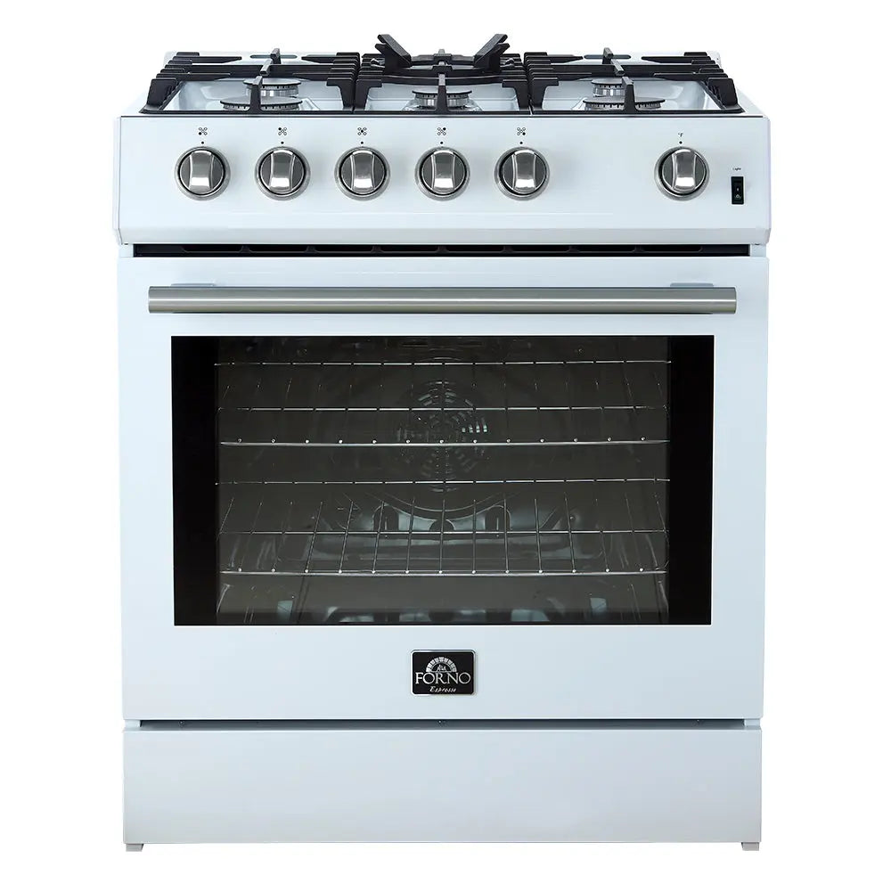 Forno Leonardo Espresso 30-Inch White Gas Range, 5 Burners, 39,500 BTU, 5 cu.ft Convection Oven FORNO