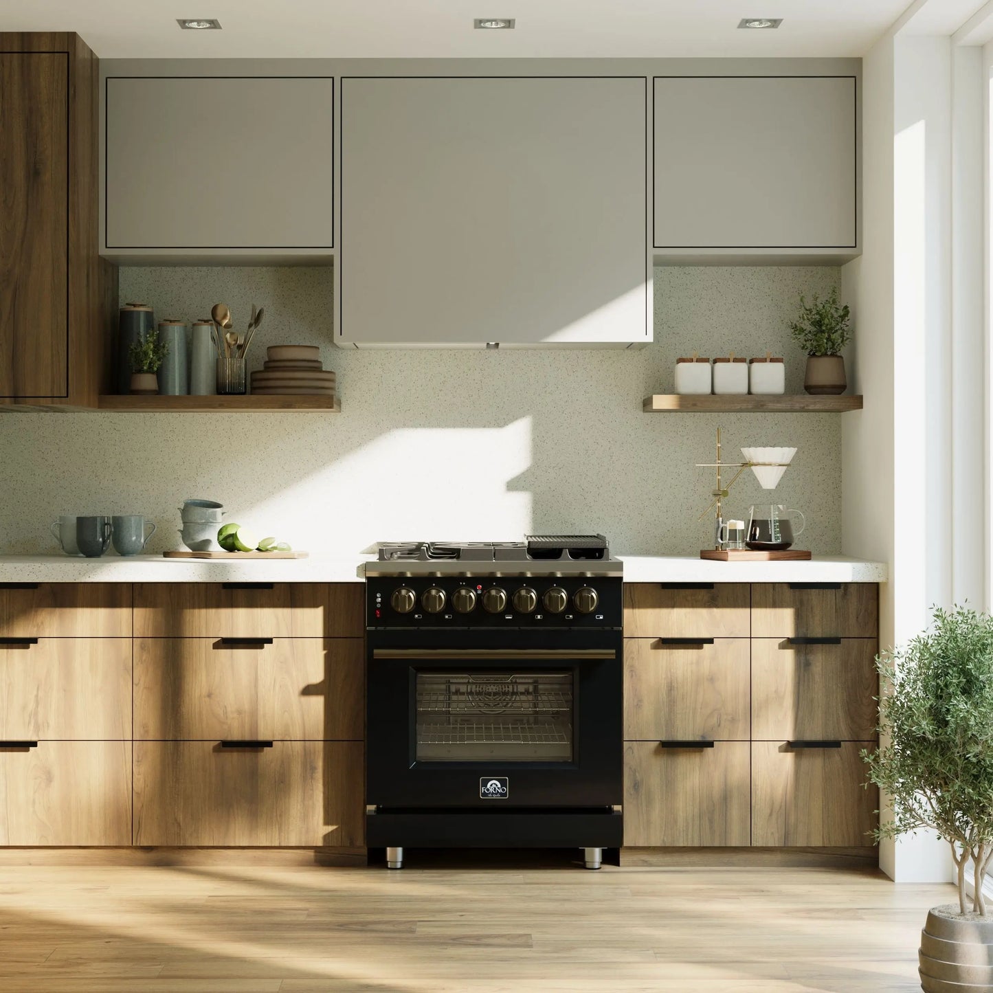 Forno Massimo 30-Inch Freestanding Dual Fuel Range in Black with Antique Brass Accessories, 4 Burners, 4.32 cu. ft. Convection Oven FORNO