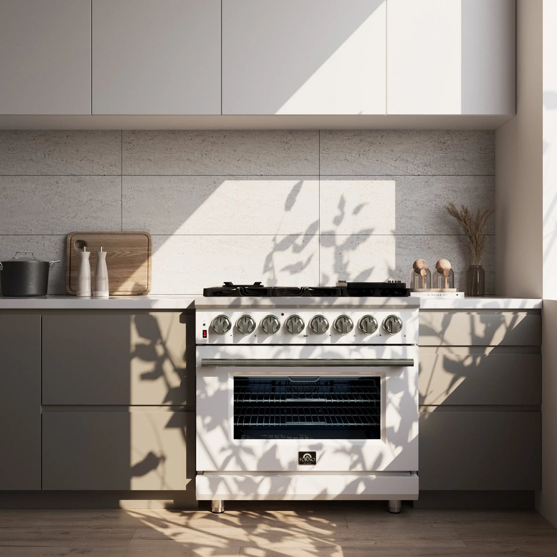 Forno Massimo 36 Inch Freestanding Dual Fuel Range in White with Antique Brass Accessories, 6 Burners, 5.36 cu. ft. Convection Oven FORNO