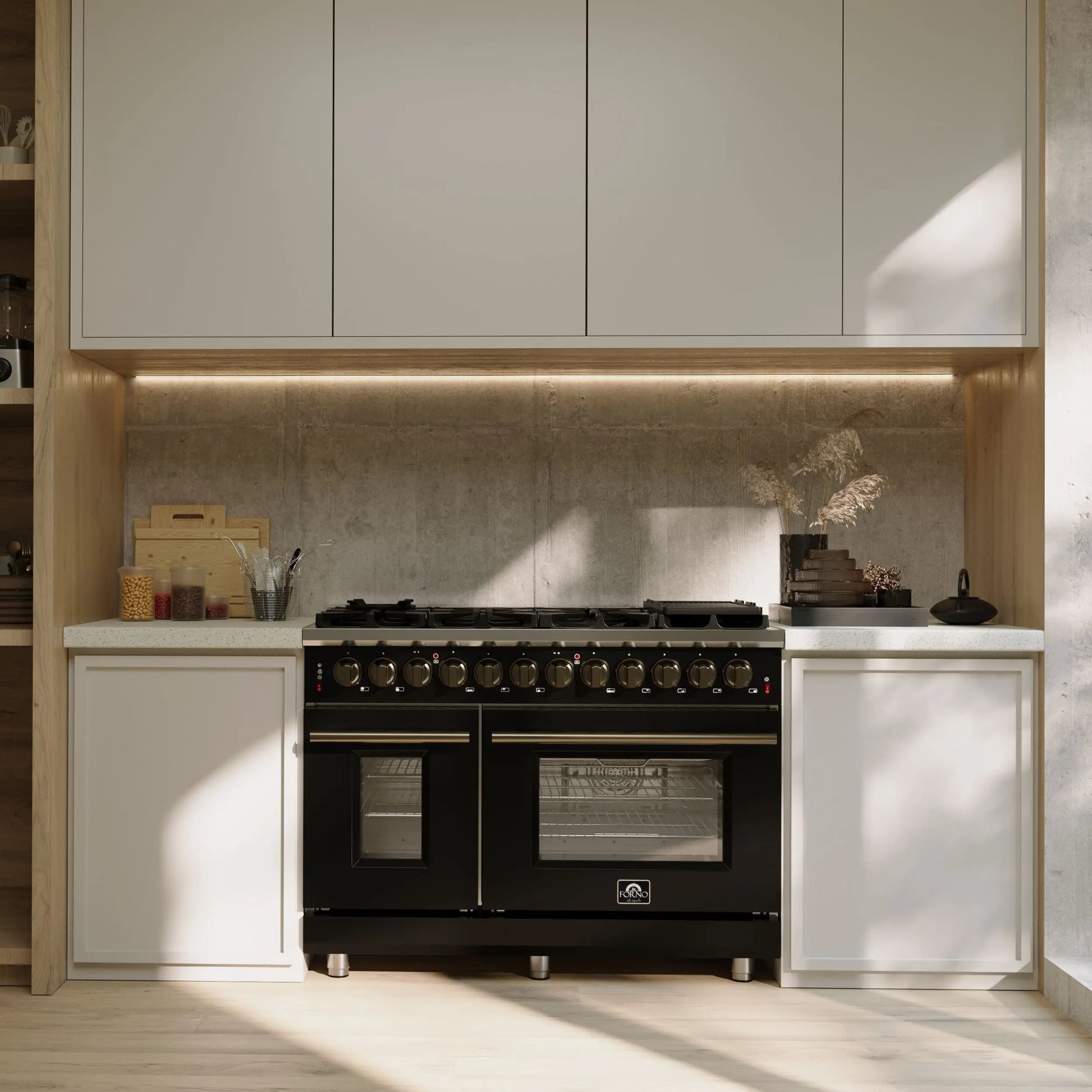 Forno Massimo 48 Inch Freestanding Dual Fuel Range in Black with Antique Brass Accessories, 8 Burners, 6.58 cu. ft. Convection Oven FORNO