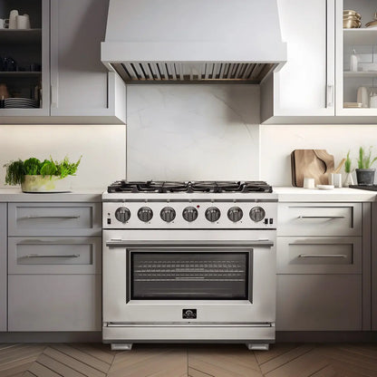Forno Capriasca 36-Inch Gas Range, Stainless Steel, 6 Brass Burners, 120,000 BTU, Convection Oven, Energy Efficient FORNO