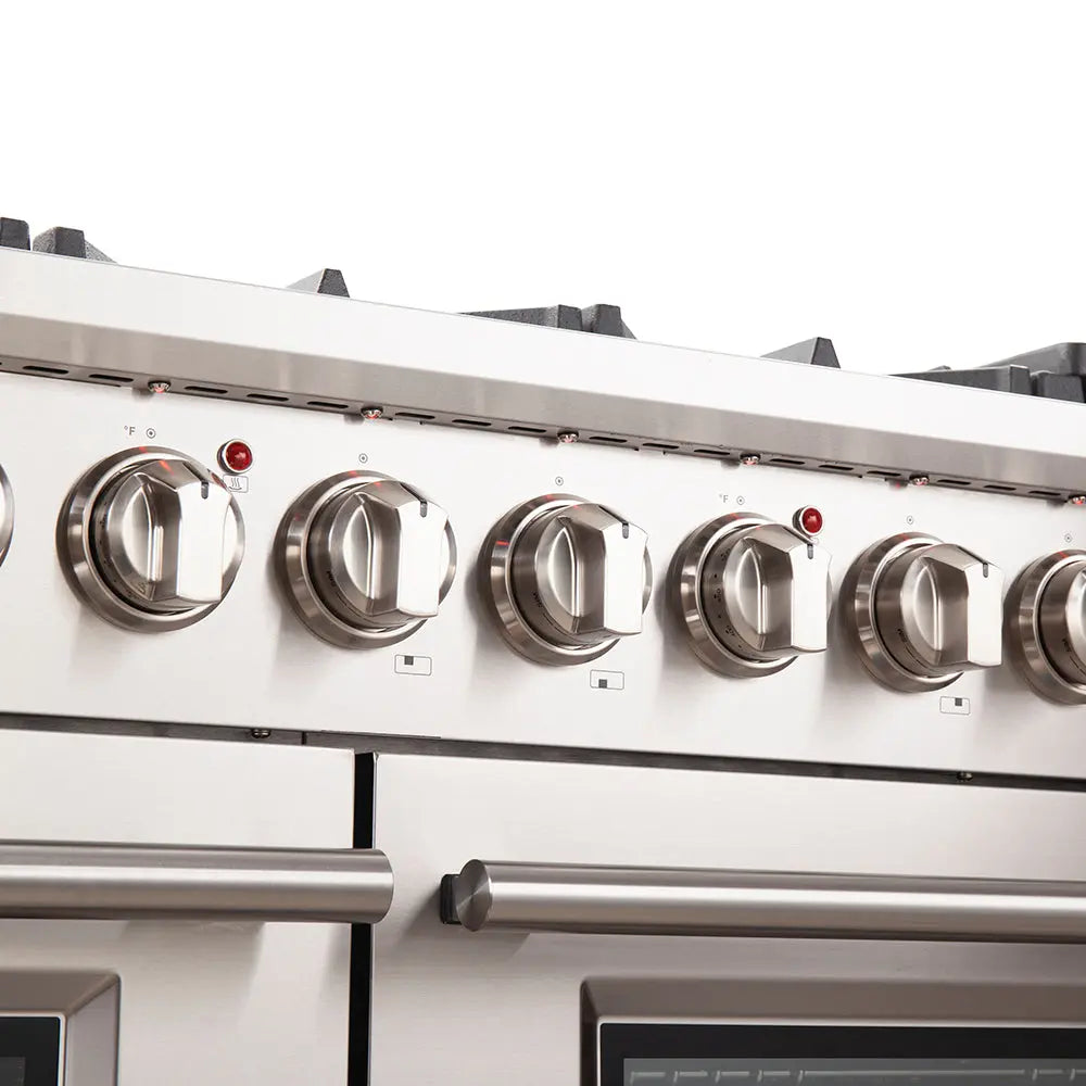 FORNO Capriasca 48-inch Gas Range Stainless Steel, 8 Brass Burners 160,000 BTU, 6.58 cu.ft. Double Oven FORNO