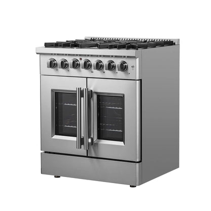 Forno Galiano 30-inch French Door Dual Fuel Range All Stainless Steel, 5 Sealed Burners 68,000 BTU, 4.32 cu.ft. True Convection Oven FORNO