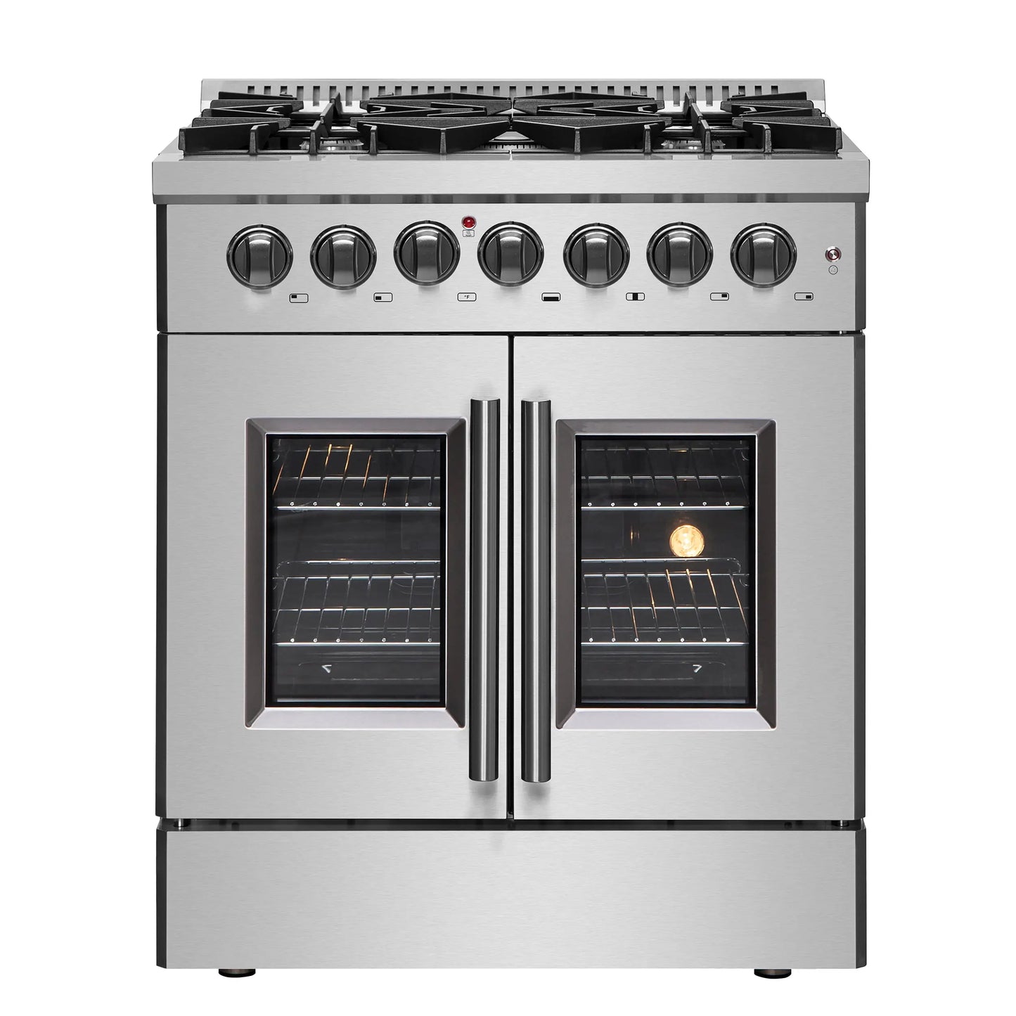 Forno Galiano 30-inch French Door Dual Fuel Range All Stainless Steel, 5 Sealed Burners 68,000 BTU, 4.32 cu.ft. True Convection Oven FORNO