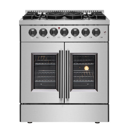 Forno Galiano 30-inch French Door Dual Fuel Range All Stainless Steel, 5 Sealed Burners 68,000 BTU, 4.32 cu.ft. True Convection Oven FORNO