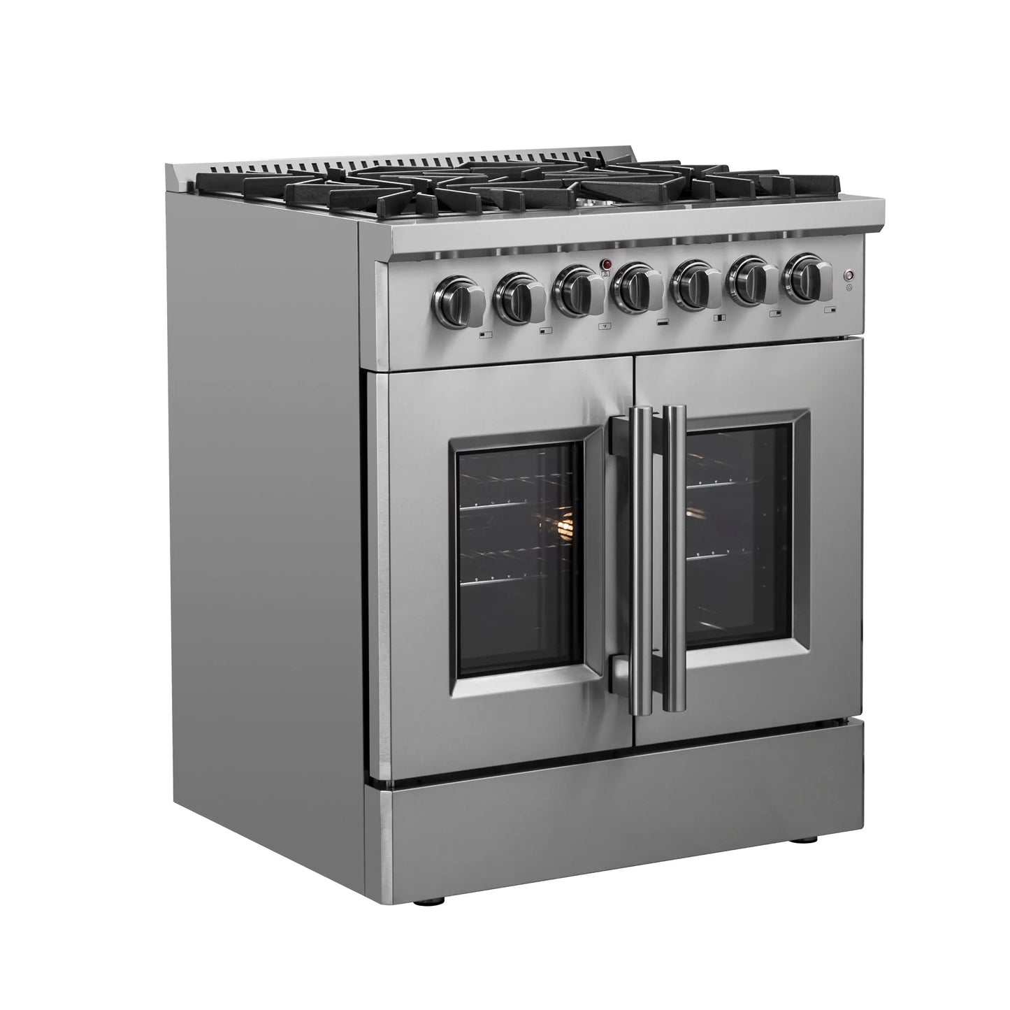 Forno Galiano 30-inch French Door Dual Fuel Range All Stainless Steel, 5 Sealed Burners 68,000 BTU, 4.32 cu.ft. True Convection Oven FORNO
